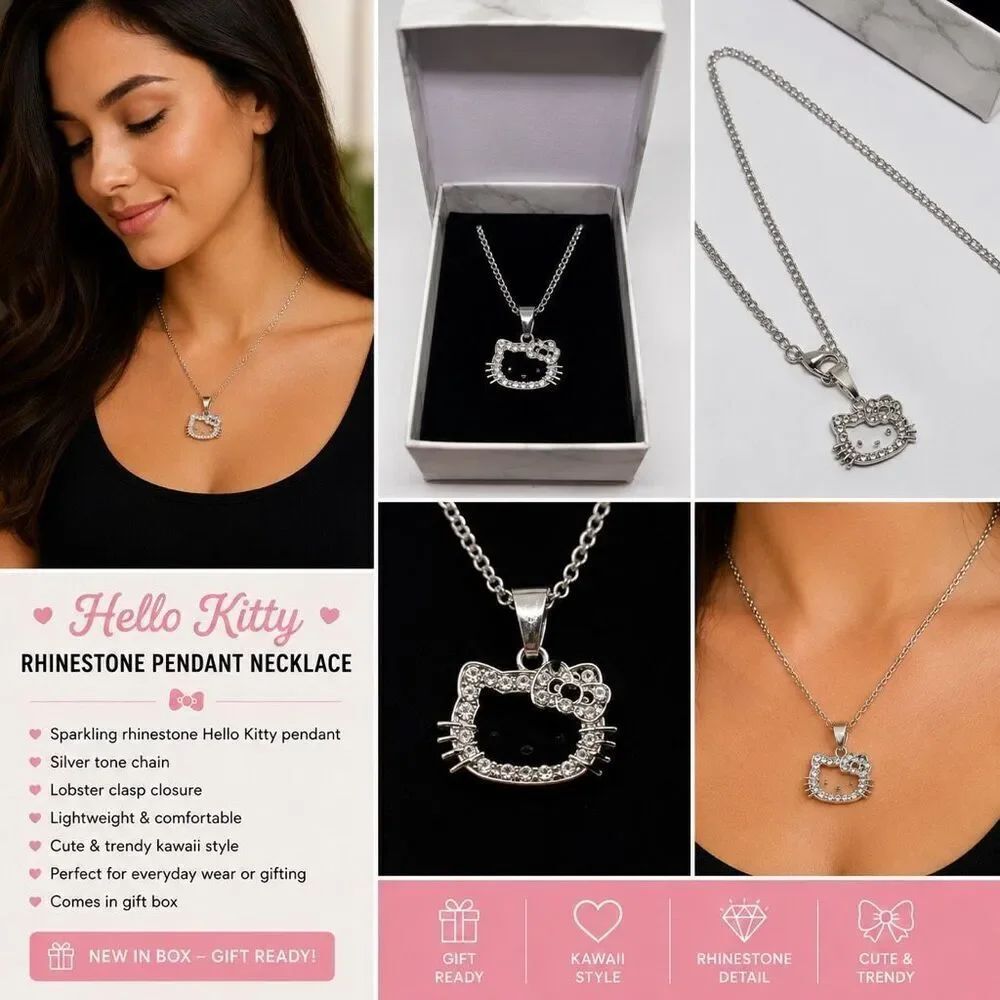 Hello Kitty Rhinestone Pendant Necklace Silver Tone Kawaii Jewelry